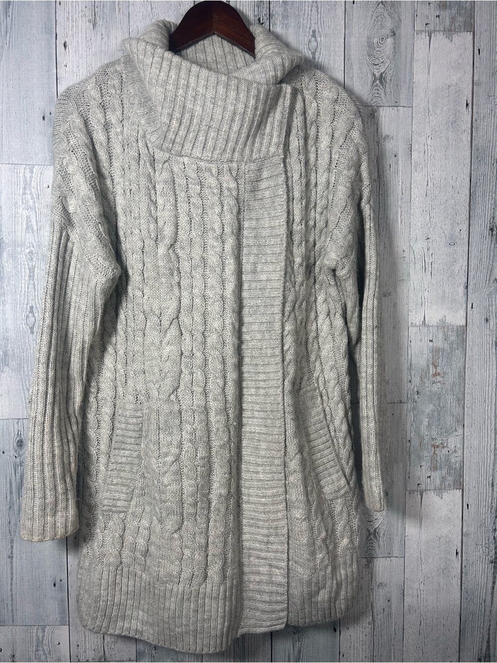 Ricki's Cable Knit Longline Cardigan M Grey Chunky Open Cozy Front Shawl Collar